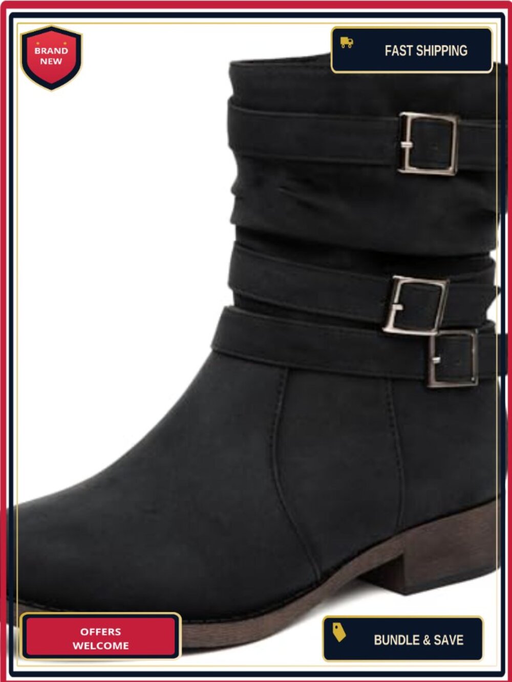 Women's Mid-Calf Zipper Low Heel Western Moto Boots Faux Leather Non-Slip Fall